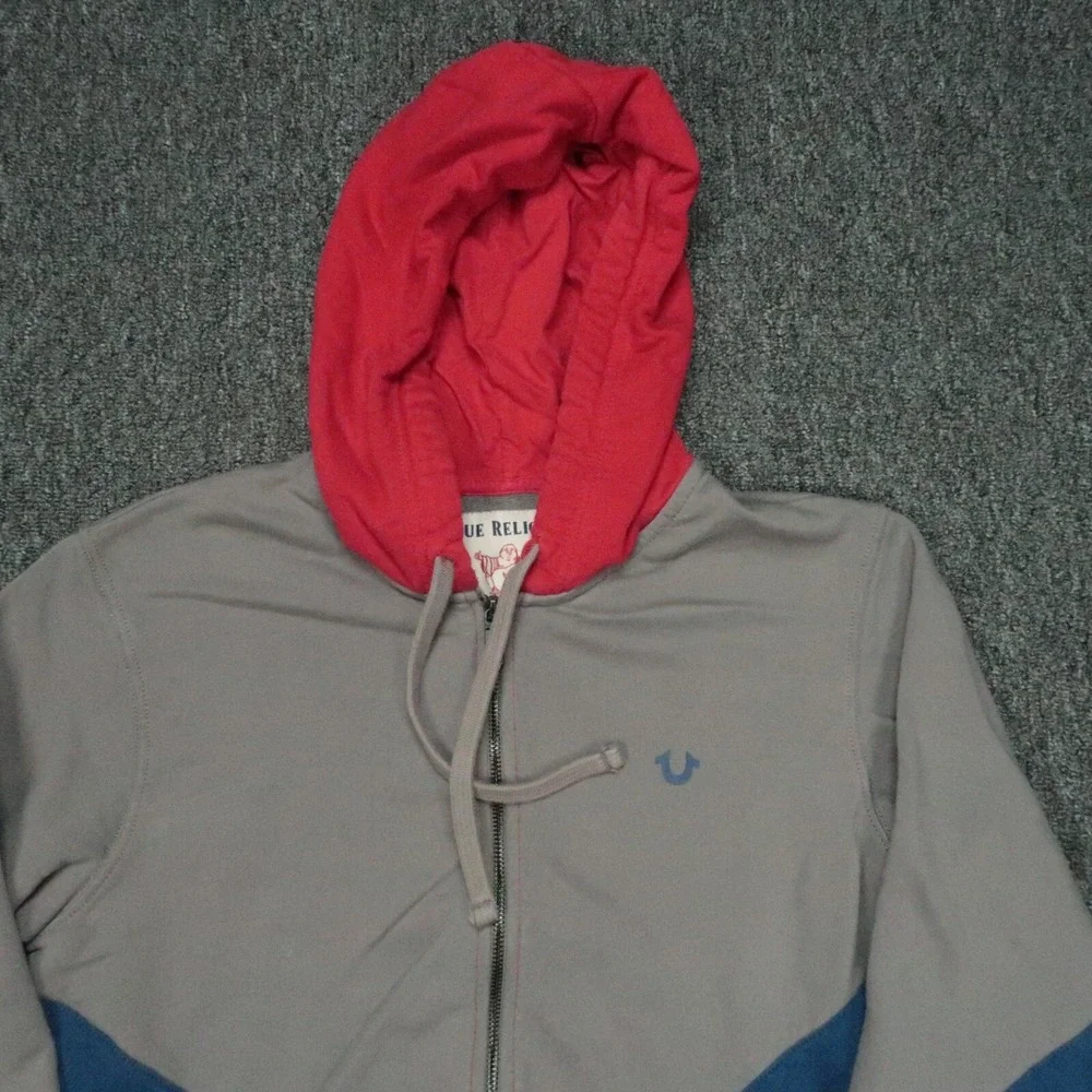 True Religion Hoodie Mens Medium Red Blue Chevron Full Zip Pockets Hooded Jacket